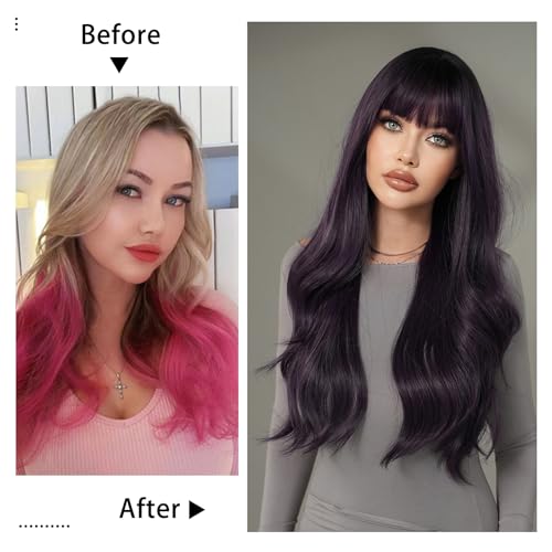 28 Inch Dark Purple Wavy Synthetic Wig with Bangs - Heat-Resistant Fiber for Women & Girls - Holiday, Party, Daily Use Variation of Dark Purple / 28.0 Inches
