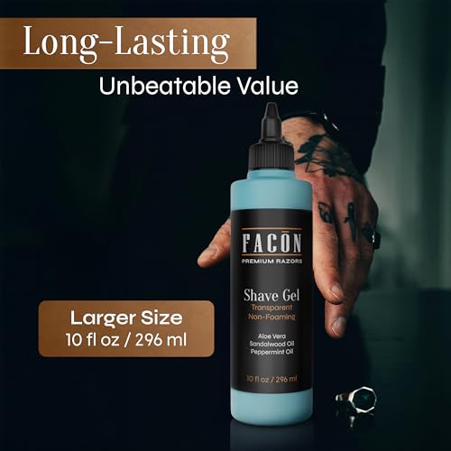 Fac?n Transparent Shaving Gel for Men w/Aloe Vera, Cooling Menthol, Peppermint & Sandalwood Oil Scent ? Clear Non Foaming Straight Razor Shave Gel, Barber Shaving Gel to Prevent Razor Bumps, 10 fl oz