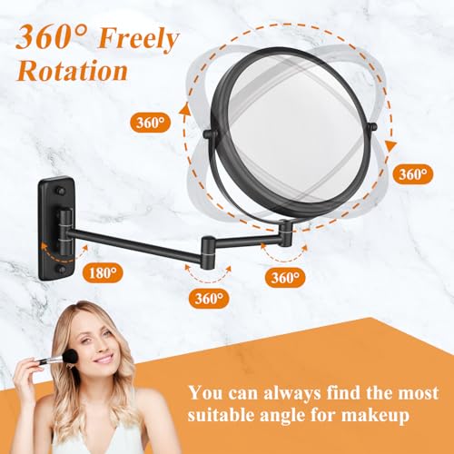 DECLUTTR 1X/15X Wall Mounted Makeup Mirror, 8" Double Sided Vanity Magnifying Mirror, 360¡Æ Swivel Extendable Bathroom Make Up Mirror, Black