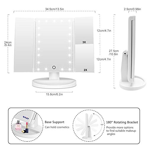 White Makeup Mirror with 21 LED Lights, 2X & 3X Magnification, Touch Control, Tri-Fold, Portable
