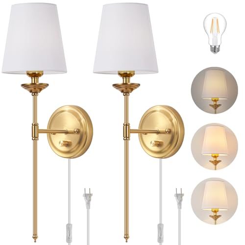 Gold Plug-In or Hardwired Wall Sconce Set of 2 - Dimmable Mid Century Modern Bedside Lighting with Knob Switch and 6.5FT Cord