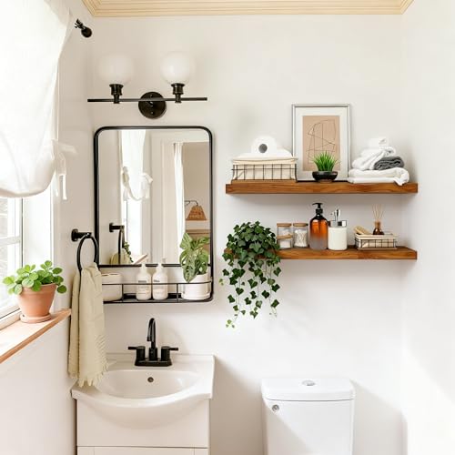 IAE 24 Inch Teak Floating Wall Shelves with LED Lighting, 2-Tier Bathroom & Kitchen Storage