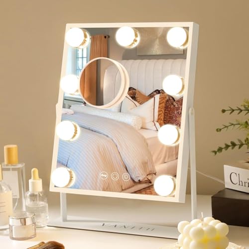 VANITII Vanity Mirror with Lights Hollywood Lighted Makeup Mirror with 9 Dimmable Bulbs Smart Touch Control 3 Colors Light for Bedroom, Detachable 10X Magnification, 360¡ÆRotation