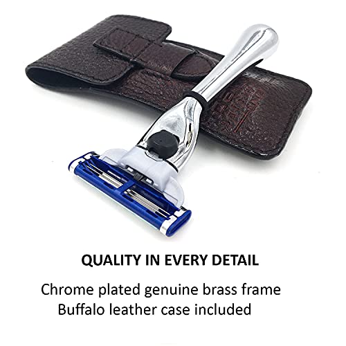 Travel Razor Compatible with Gillette Mach3 - Brass Handle & Leather Case