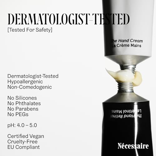 N?cessaire The Hand Retinol. Anti-Age Repair Serum. For Crepiness, Wrinkles, Spots, Brittle Cuticles. 0.25% Pure Retinol. 5% AHA. Dermatologist-Tested. Hypoallergenic. Non-Comedogenic. 2.2 fl oz.