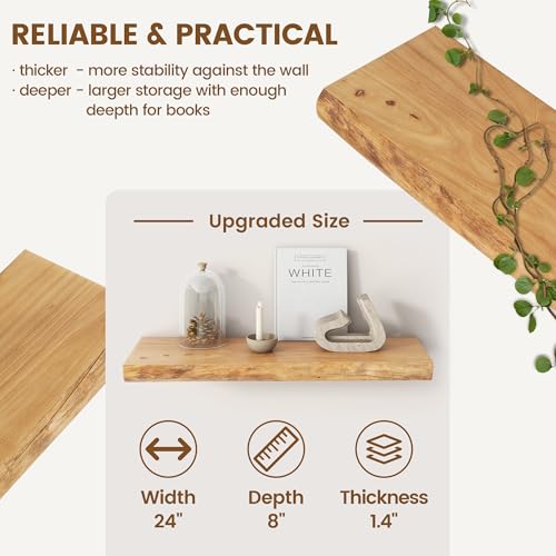 Venusmiles 24-Inch Live Edge Reclaimed Elm Floating Shelves - Heavy-Duty Wall Mount Set of 2 - Natural Finish