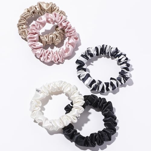 Multi-Colored Silk Hair Scrunchies 5 Pack - Gentle on Hair, Slip Back to Basics Midi