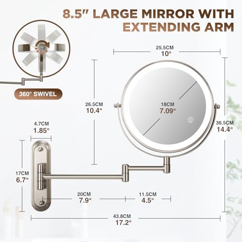 30X Wall Mounted Makeup Mirror with Lights,3 Color Modes Dimmable & Adjustable Double Side, Bathroom Vanity Makeup Mirror with 360 Rotation Extendable Swivel Arm,Magnifying Mirror - Brushed Nickel