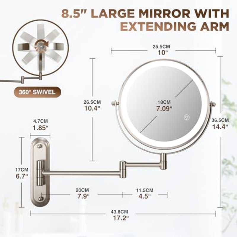 30X Wall Mounted Makeup Mirror with Lights,3 Color Modes Dimmable & Adjustable Double Side, Bathroom Vanity Makeup Mirror with 360 Rotation Extendable Swivel Arm,Magnifying Mirror - Brushed Nickel