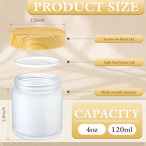 Norme 24 Pcs 4oz Glass Jars with Lids Empty Small Glass Containers and Inner Liners Reusable Cosmetic Jars Round Airtight Bottles with Plastic Woodgrain Lids(Frosted Style,Translucent)
