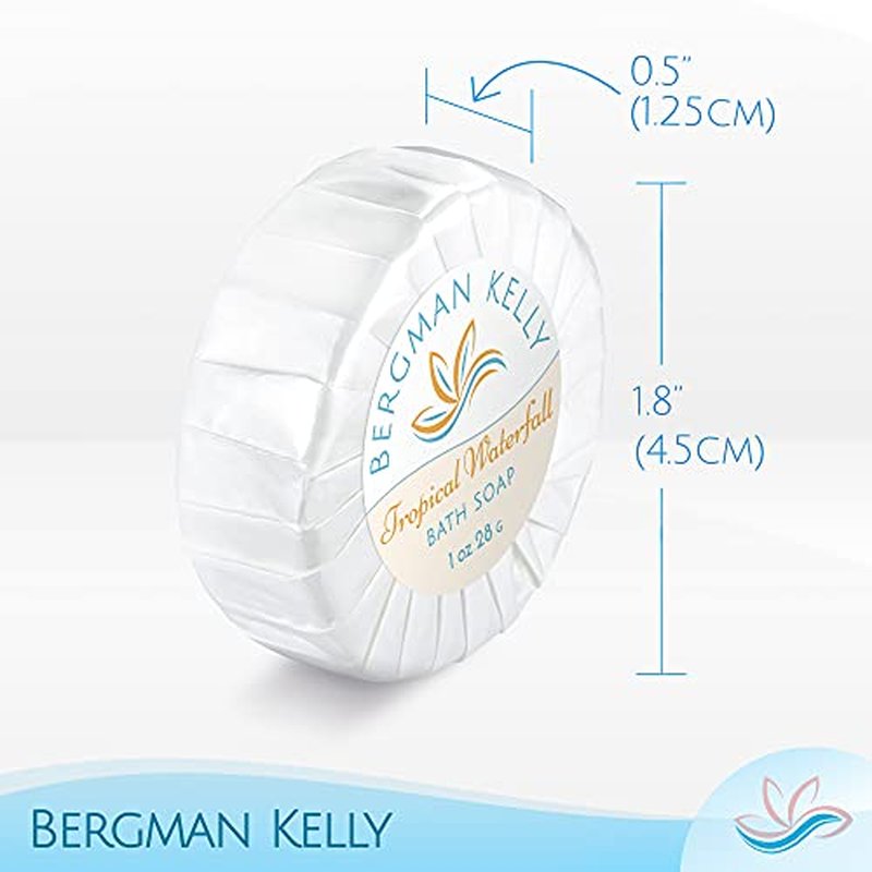 BERGMAN KELLY - Hotel Soap Bars in Bulk - Tropical Waterfall, 1 oz, 200 PK - Small Individually Wrapped Round Soap - Travel Size Mini Toiletries for Airbnb, Motel, Guest Bathroom