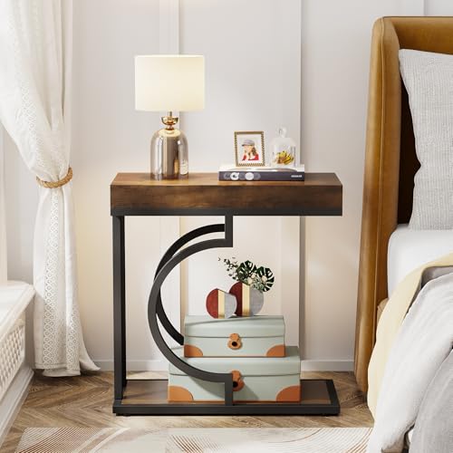 Tribesigns Narrow C Shaped Side Table for Couch Brown+Black - Small Living Room Sofa End Table