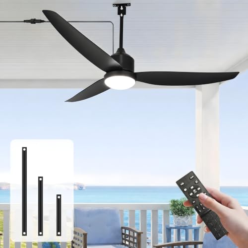 Outdoor Ceiling Fan with Light 52 Inch Black IP65 Waterproof Reversible DC Motor