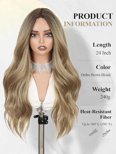 Ombre Blonde Wigs for Women Long Curly Wavy Synthetic Heat-Resistant Hair with Middle Part - Brown Blonde Variation