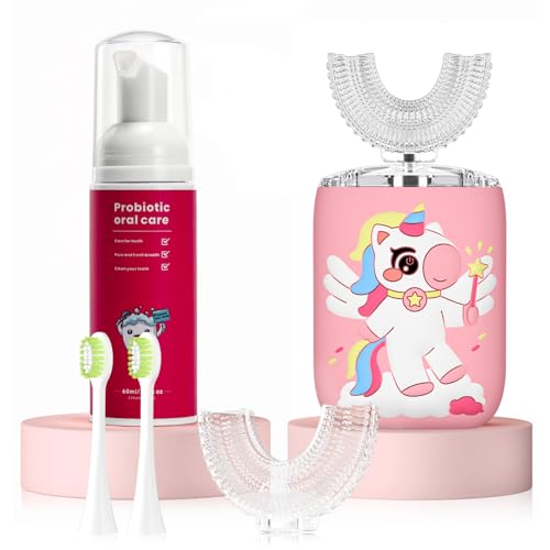 ELOTAME Kids Pink U-Shaped Sonic Electric Toothbrush for Ages 2-7 with Toothpaste