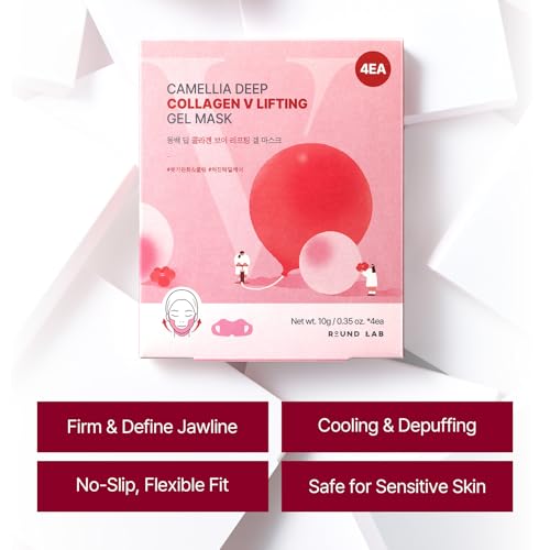 ROUND LAB Camellia Deep Collagen V Lifting Gel Mask 4ea | Double-chin Turkey Neck Instant Face Lifting Mask, Cooling and Depuffing Face Toning Belt, Firming Sagging Skin, Korean Skin Care, 10g/0.35oz
