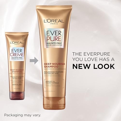 L'Oreal Paris Shampoo, Sulfate Free, Triple Action Hydration for Dry Hair, EverPure, 8.5 Fl Oz (Packaging May Vary), Damaged, Color-Treated Hair, Apricot Oil Infused, Deep Nourish