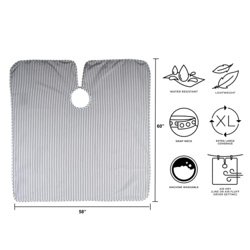 Cricket Route 66 Barber Cape - Hair Cutting Cape with Classic Pinstripe Design, Adjustable Snap Neck Closure - Water-Resistant, Lightweight and Comfortable, Extra Large Coverage - 58¡± x 60¡±
