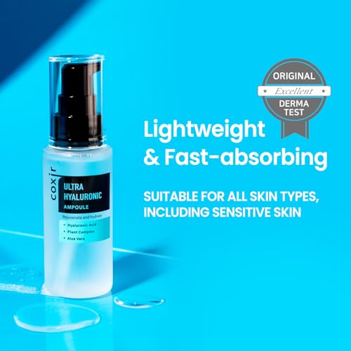 Coxir Hyaluronic Acid Serum 40% Concentration - Deep Hydrating Face Serum for All Skin Types, 1.69 fl oz