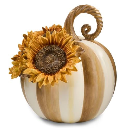 Mocha Stripe Sunflower Pumpkin Decorative Figurine - Fall Autumn Home Decor