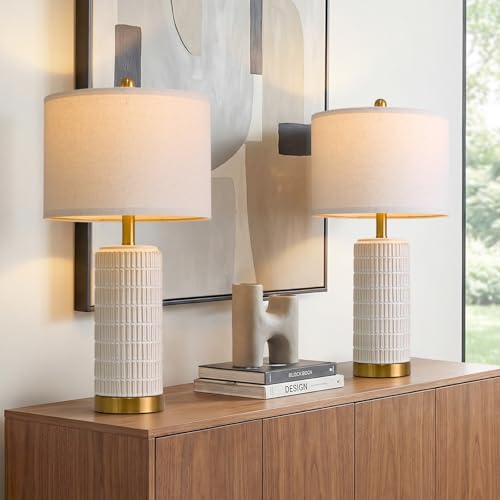 PoKat 25-Inch Modern Ceramic Table Lamps Set of 2 with Gold Bases and White Beige Gradient