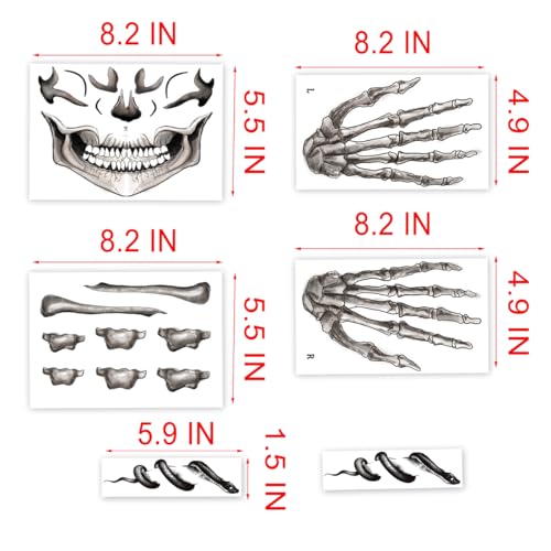 6-Pack Skull and Bone Temporary Tattoos for Men and Women, Adults ? Skeleton Face, Hand, Snake, and Collarbone Tattoos for Halloween Costume Cosplay and Party Makeup, Face Sticker
