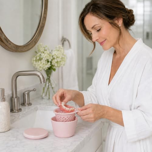 Pink Ceramic Denture Cleaning Cup with Lid & Removable Basket - Hygienic Soaking Container