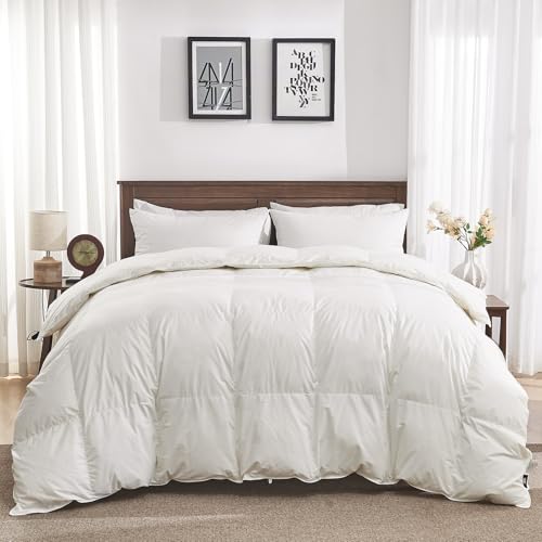 All Season Twin Size Goose Feather Down Comforter - White, Hypoallergenic, Organic Cotton Shell