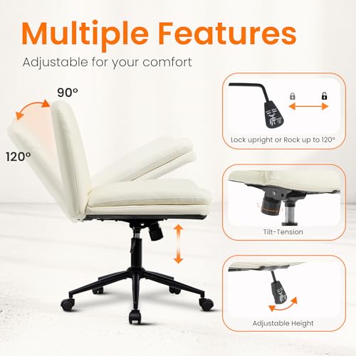 NeO Chair Ivory PU Leather Criss Cross Office Chair with Wheels & Adjustable Swivel