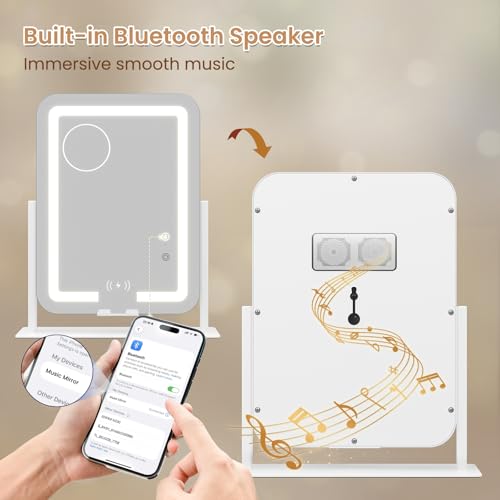 Dripex 5-in-1 Lighted Vanity Mirror with Bluetooth Speaker & Wireless Charging, 15"x12" LED Makeup Mirror with Lights 3 Colors Dimmable, Phone Holder Touch Keys 10X Magnification