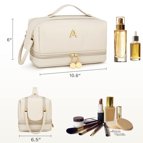 Initial Makeup Bag Travel Toiletry Bag for Women - Beige | Personalized Gift
