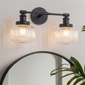 Black Round 2-Light Bathroom Vanity Light Fixture with Ribbed Glass Shades - Vintage Industrial Style