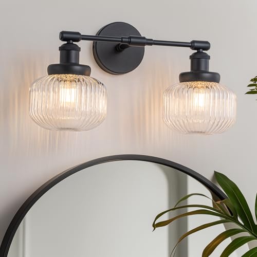Black Round 2-Light Bathroom Vanity Light Fixture with Ribbed Glass Shades - Vintage Industrial Style