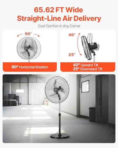 VEVOR 20 Inch Industrial Pedestal Fan Black, 90° Oscillating, Height Adjustable, 3 Speed Floor Fan for Warehouse & Garage