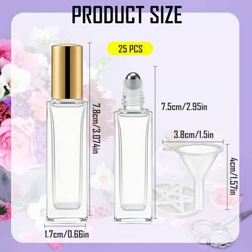 Gold 25 Pcs 10ml Square Glass Essential Oil Roller Bottles with Stainless Steel Balls