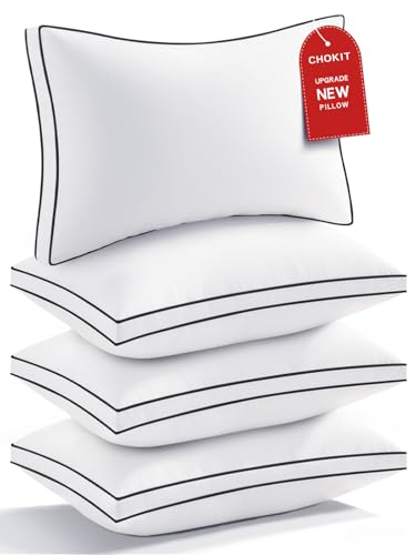 Queen Size Set of 4 Gusseted Fluffy Pillows - Black Edge, Breathable Microfiber