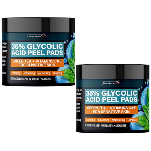 NUVADERMIS 35% Glycolic Acid Peel Pads ? Exfoliating Facial Resurfacing for Blackheads, Dark Spots, and Acne ? Safe for Sensitive Skin ? 60 Double-Sided Pads - 2 Pack