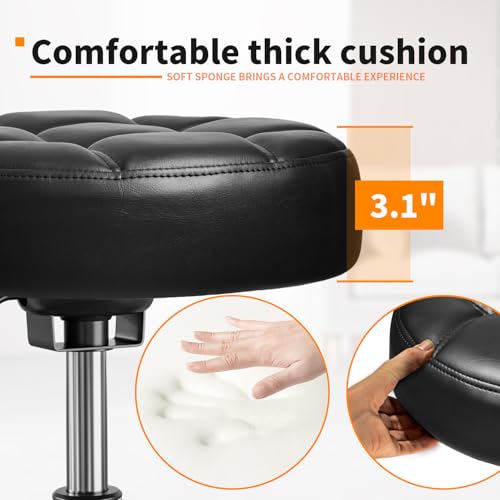 Rolling Stool PU Leather Round - Ultra Soft Padded Seat Cushion Stool with Wheels with Footrest, Weight Capacity 300lb,Adjustable Height Stool for Tattoo Massage Salon Medical Spa Center (Jet Black)