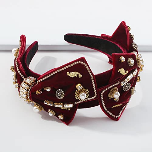 YARN & INK Baroque Wine Velvet Bow Rhinestone Headband Elegant Hair Accessory