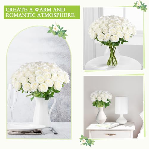 Hananona 100 White Artificial Roses - Realistic Silk Flowers Bulk, 20 Inch Stems