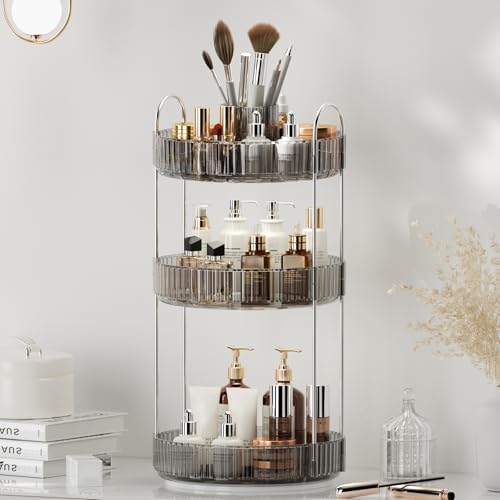 3-Tier Grey Rotating Makeup Organizer with Brush Holder - Upgraded Countertop Storage for Women