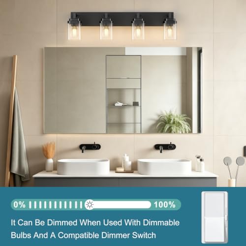 Matte Black Bathroom Light Fixtures - 4-Light Modern Vanity with Clear Glass Shades - Black / 4-Light