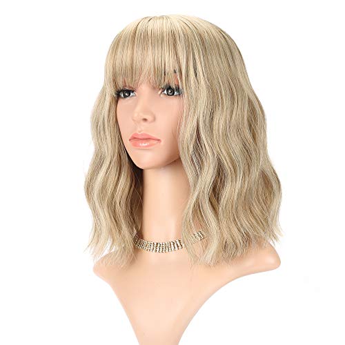 Blonde Wave Short Bob Wig with Air Bangs - Curly Wavy Shoulder Length Cosplay Hair - Mix Blonde and Gold - Variation of THIS listing