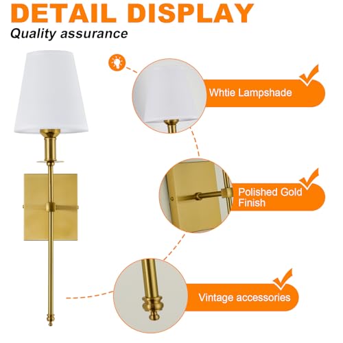 Gold Wall Sconces Set of 2 - Vintage Hardwired Bathroom & Bedroom Lighting