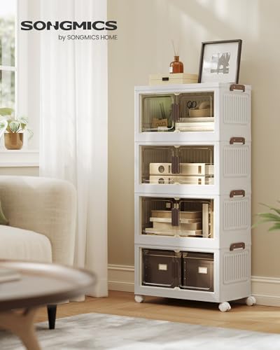 SONGMICS 48QT Stackable Storage Bins with Lid - White, 4-Tier Foldable Organizer