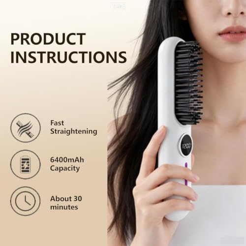 Cordless White Hair Straightener Brush with LCD & 7 Heat Settings – Travel & Daily Styling