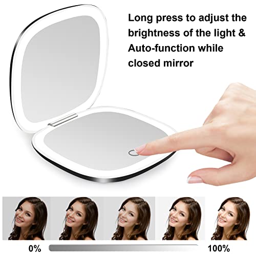 Lighted Travel Compact Mirror with 1X/10X Magnification & Dimmable LED Light - Black