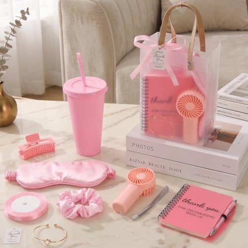 Baby Shower Party Favor Set with Handheld Fans Tumbler Notebooks & Gifts - Pink 6 Sets