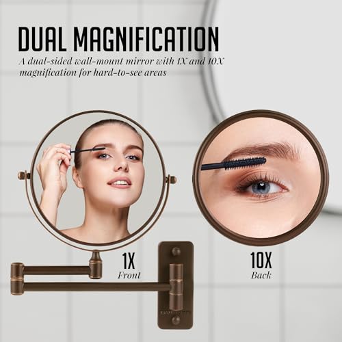 OVENTE 7" Wall Mounted Makeup Mirror with 1X/10X Magnification, Double Sided Magnifying Round Bathroom Vanity Mirror, 360¡Æ Swivel Design, Extendable and Folding Arm, Antique Bronze MNLFW70ABZ1X10X