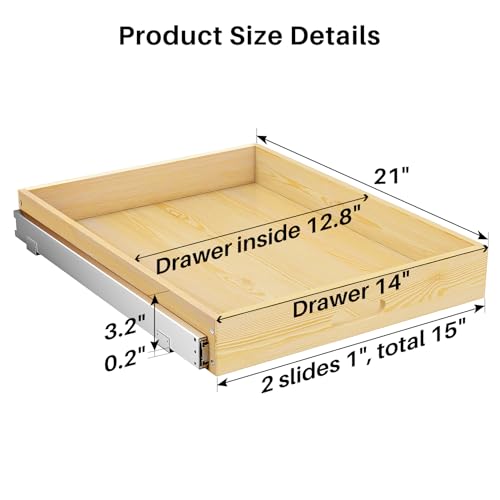 Pull Out Cabinet Organizer, Soft Close Wooden Slide Out Drawers for Pots and Pans, Full-extension Roll Out Shelves for Kitchen Cabinets, Pantry Organization, Bottom & Side Mount(15"W X 21"D x 3.4''H)